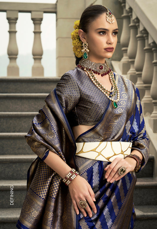 Navy Blue Viscose Silk Jaal And Weaving Work Saree