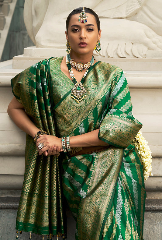 Dark Green Viscose Silk Jaal And Weaving Work Saree