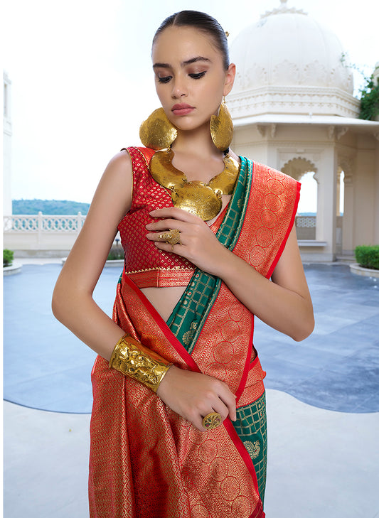 Dark Green Banarasi Silk Weaving Work Saree