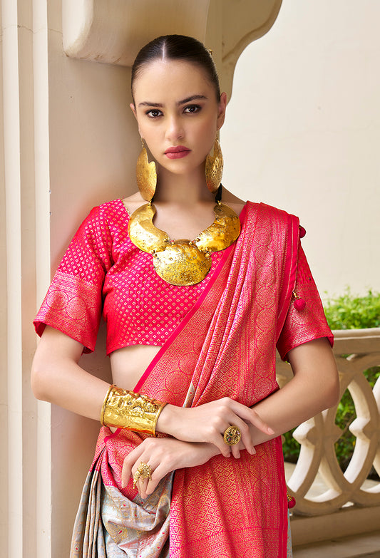 Light Grey Banarasi Silk Weaving Work Saree