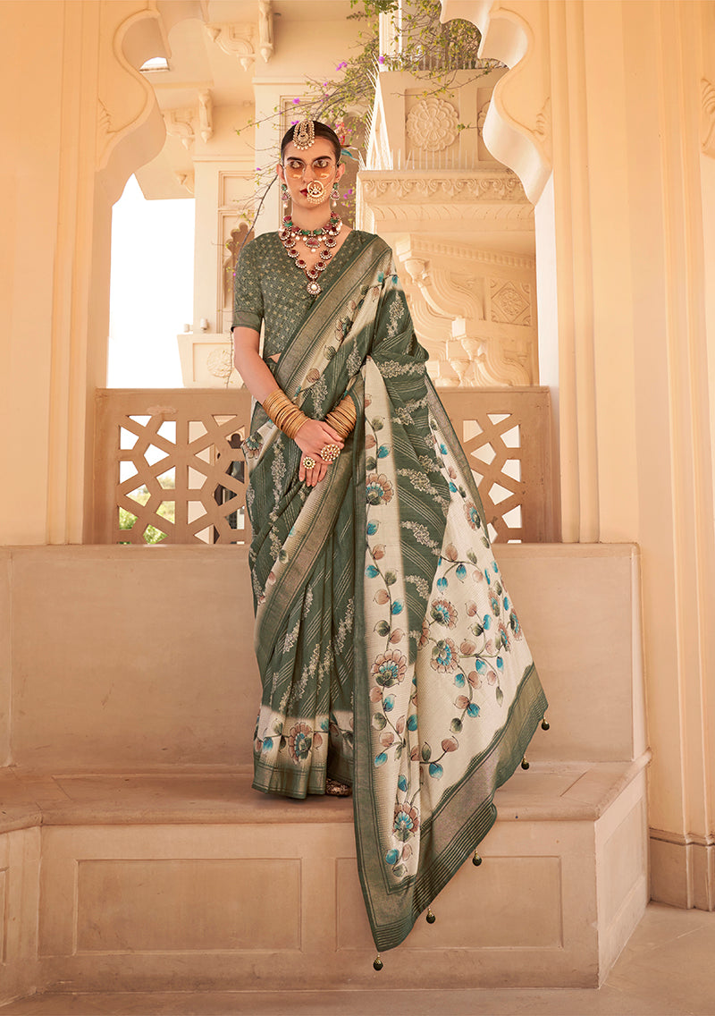 Dark Green Silk Foil Print Saree With Floral Pallu