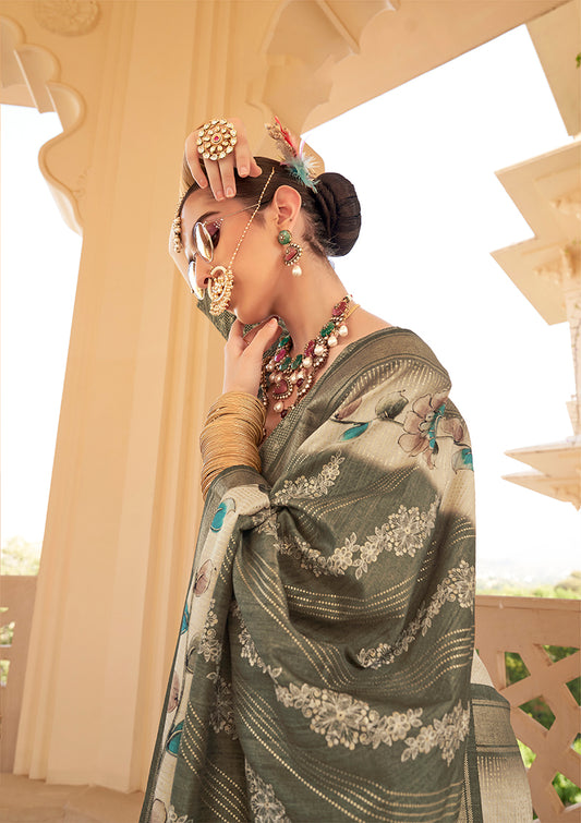 Dark Green Silk Foil Print Saree With Floral Pallu