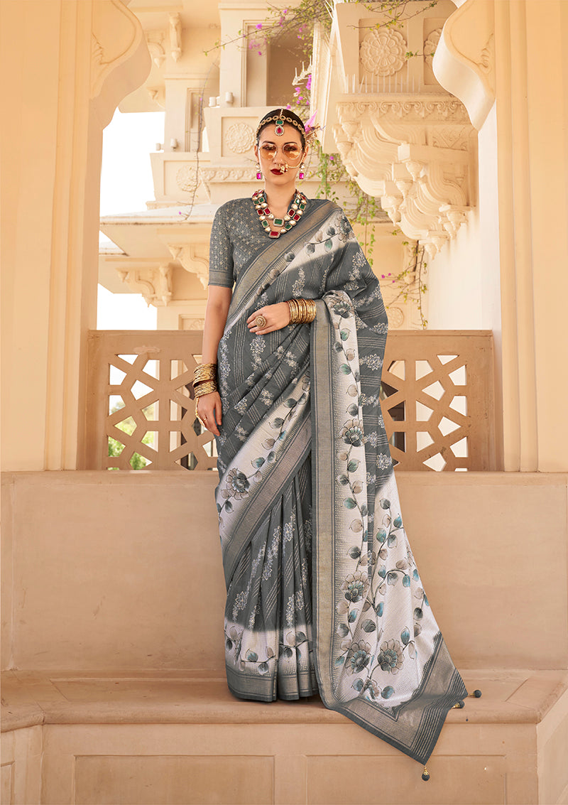 Grey Silk Foil Print Saree With Floral Pallu