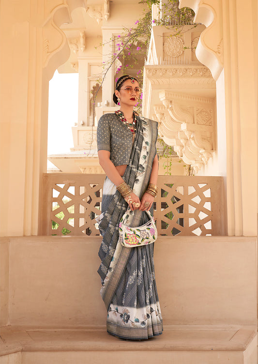 Grey Silk Foil Print Saree With Floral Pallu