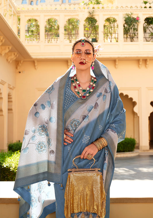Dusty Blue Silk Foil Print Saree With Floral Pallu