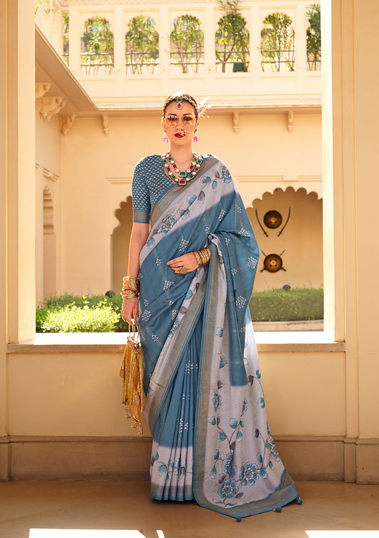Dusty Blue Silk Foil Print Saree With Floral Pallu