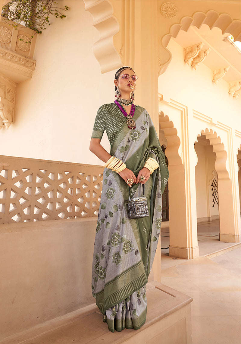 Sage Green Silk Foil Print Saree With Floral Pallu