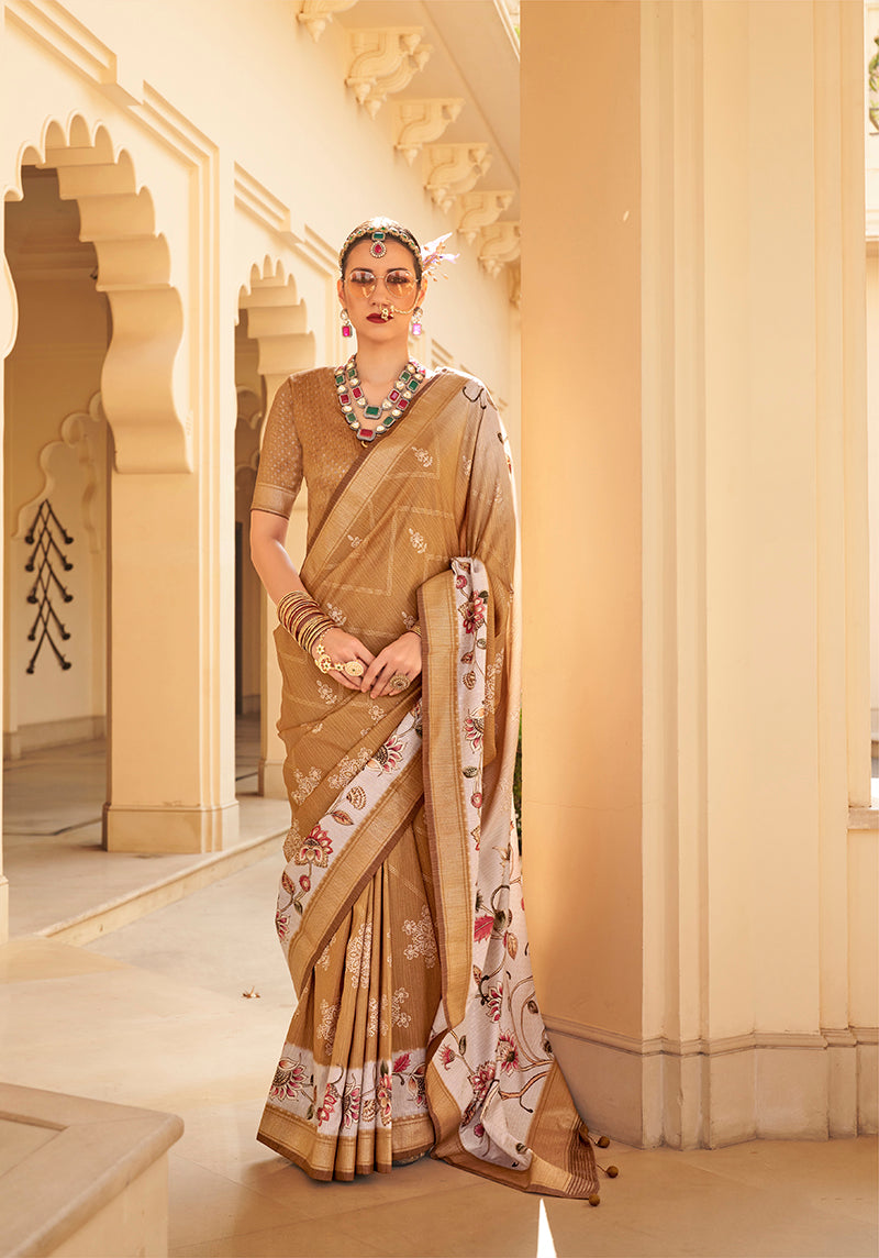 Golden Mustard Silk Foil Print Saree With Floral Pallu
