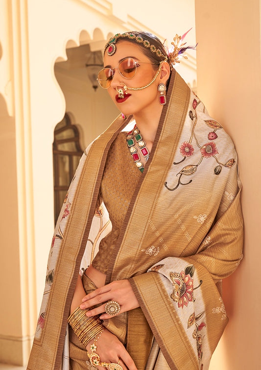 Golden Mustard Silk Foil Print Saree With Floral Pallu