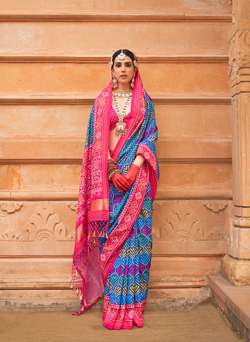 Blue And Rani Pink Silk Patola Print Saree