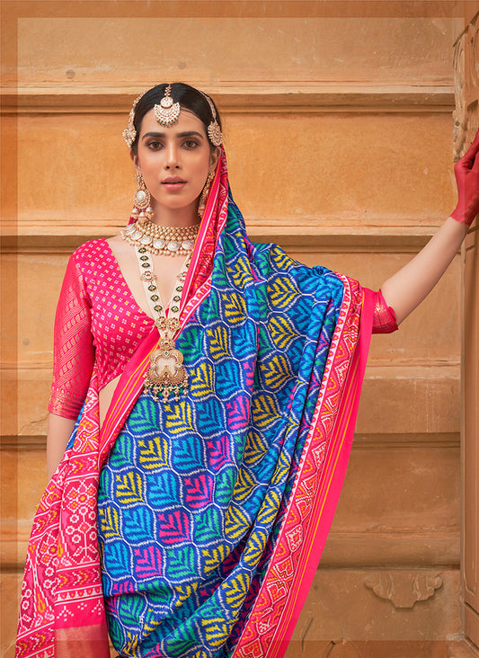 Blue And Rani Pink Silk Patola Print Saree