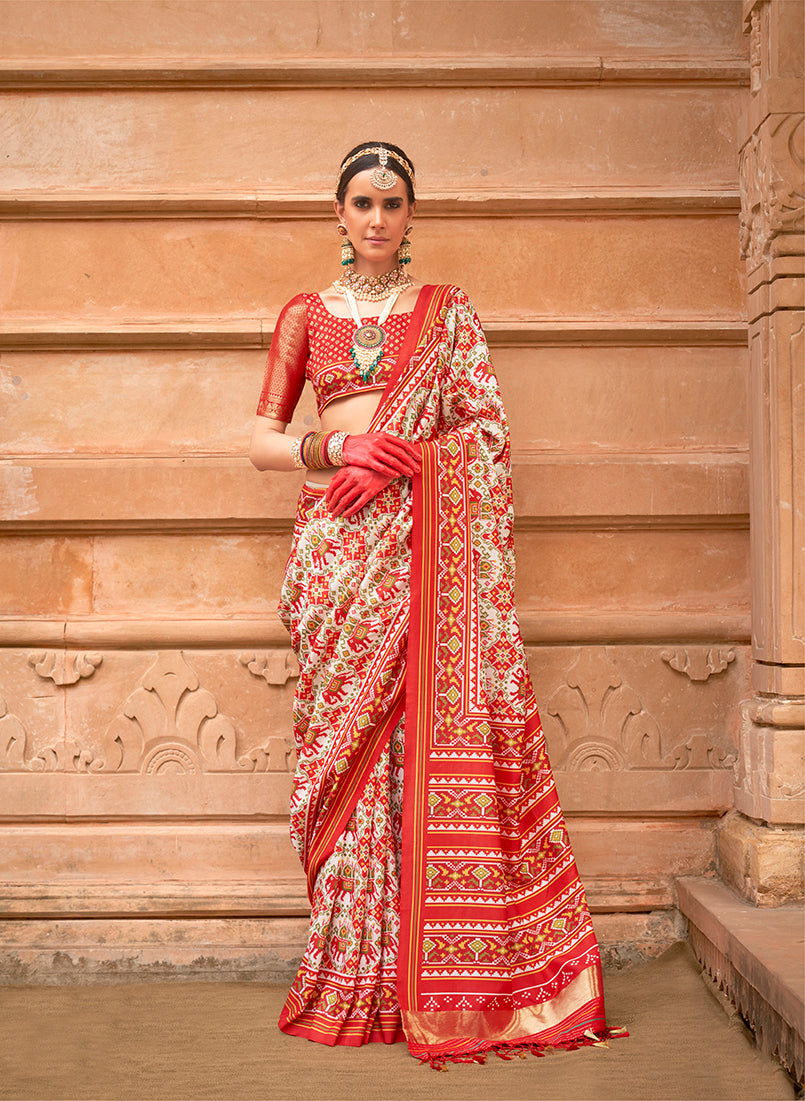 Off White & Red Silk Patola Print Saree