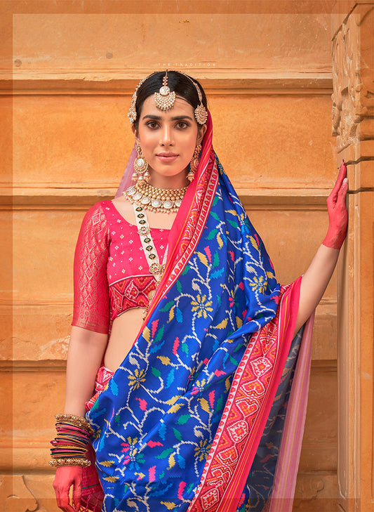 Blue & Pink Silk Patola Print Saree
