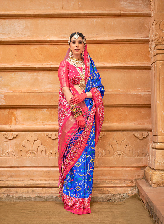 Blue & Pink Silk Patola Print Saree