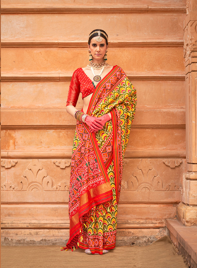 Yellow & Red Silk Patola Print Saree