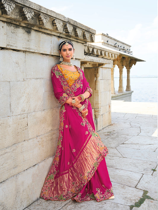 Rani Pink Satin Silk Lagdi Patta Embroidered Saree