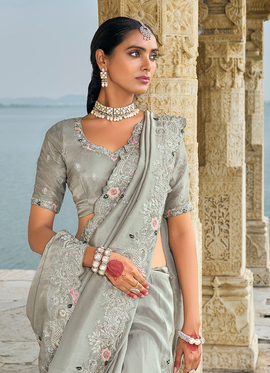 Gray Banarasi Silk Saree with Intricate Embroidered Work