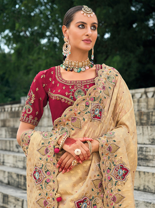 Cream kanjivaram Silk Embroidered Work Saree