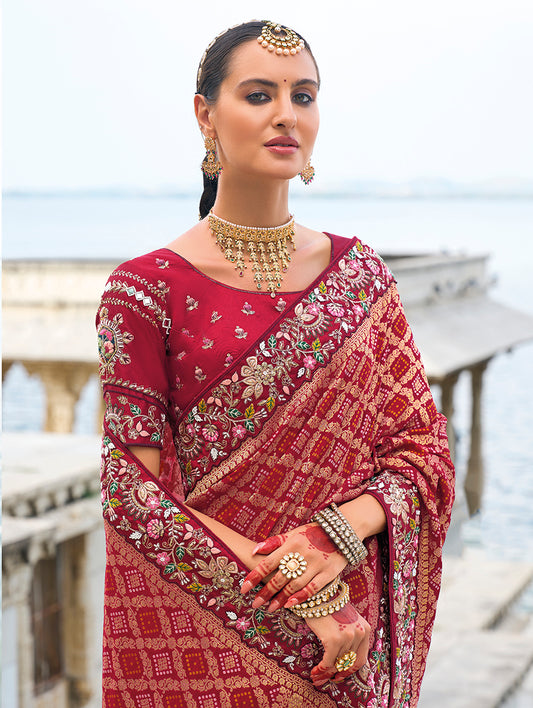 Maroon kanjivaram Silk Embroidered Work Saree