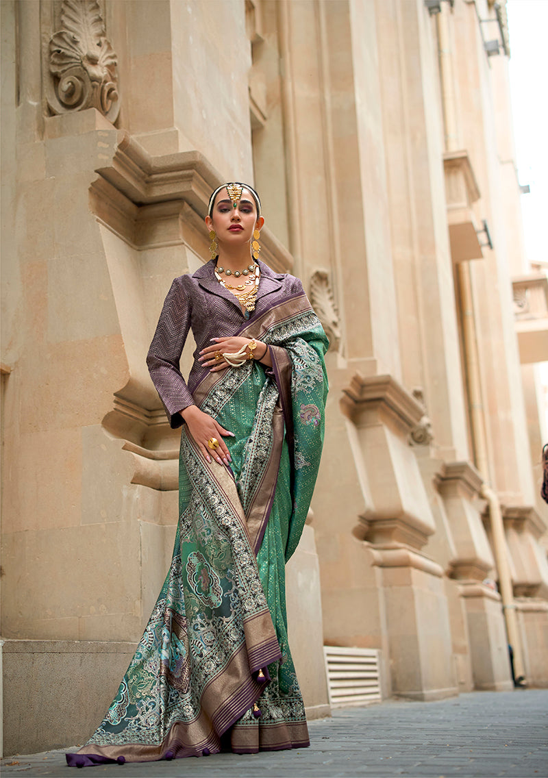 Green Viscose Silk Foil Print Traditional Saree