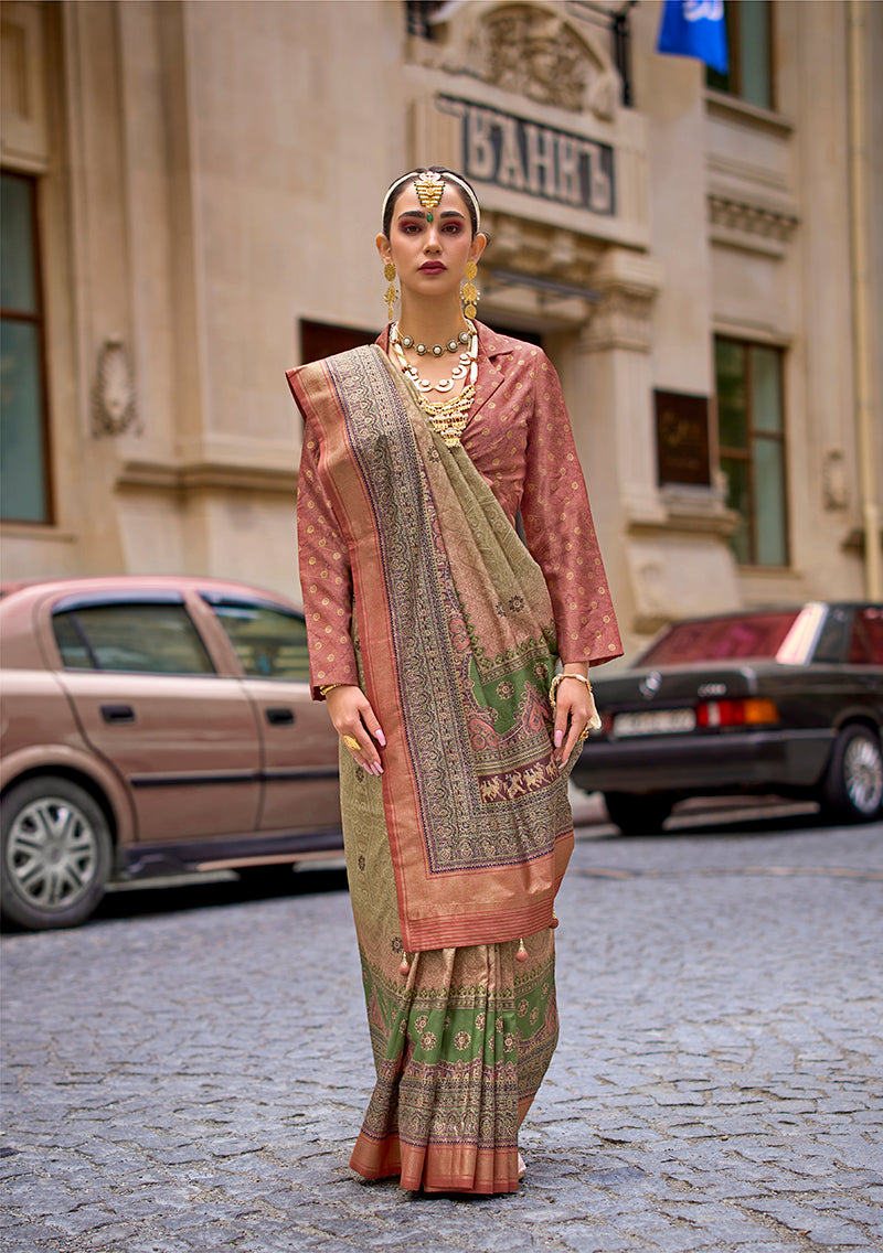Golden Viscose Silk Foil Print Traditional Saree