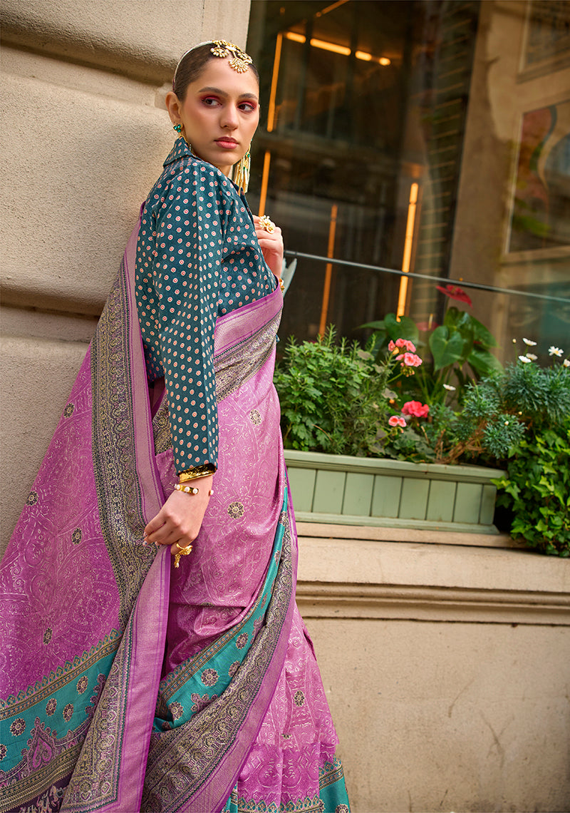 Pink Viscose Silk Foil Print Traditional Saree