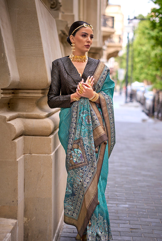 Aqua Blue Viscose Silk Foil Print Traditional Saree