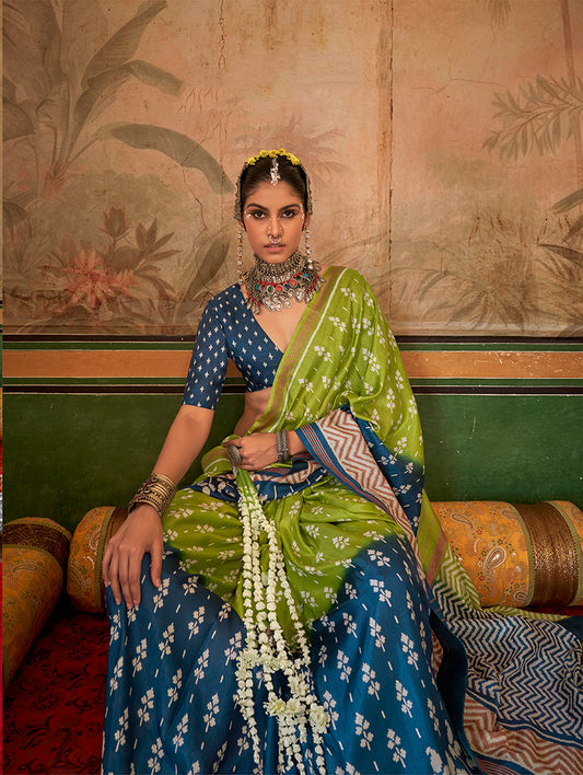 Olive & Blue Mercerized Sigma Silk Printed Saree