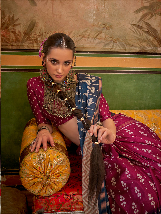 Burgundy & Blue Mercerized Sigma Silk Printed Saree