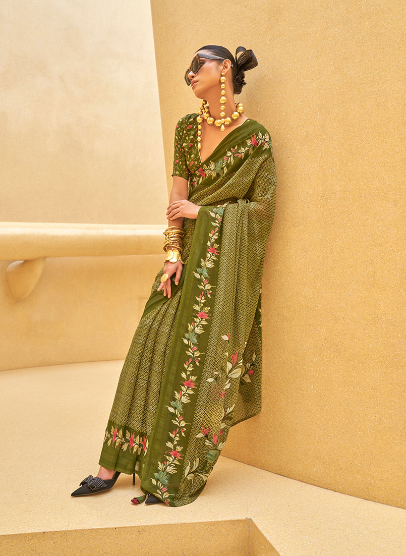 Olive Green Georgette Printed Saree
