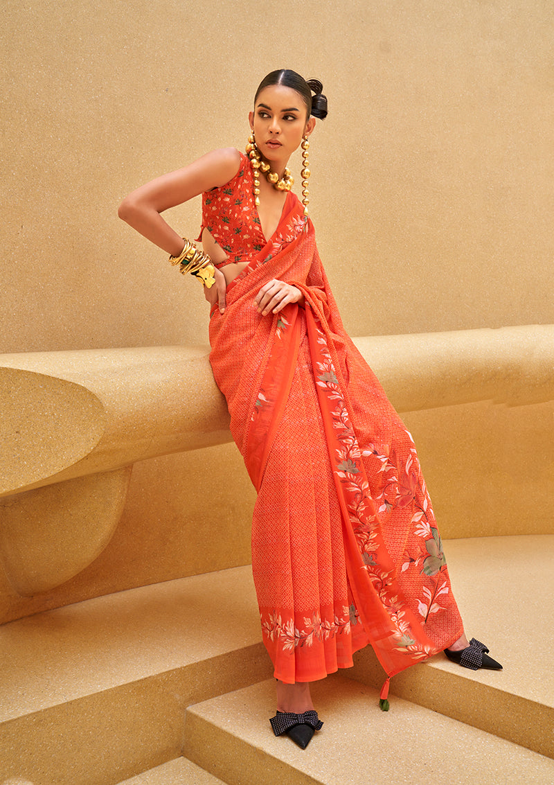 Salmon Georgette Printed Saree