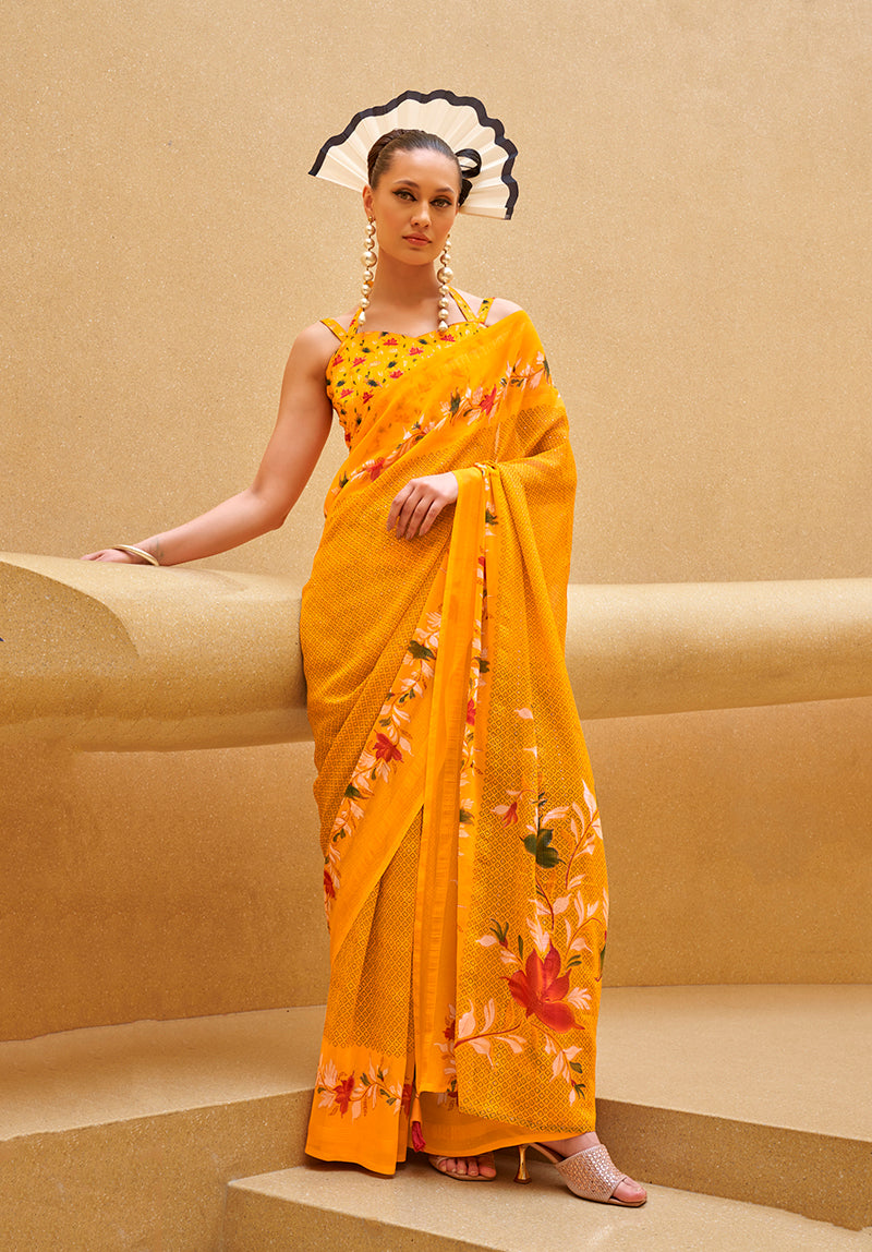 Yellow Georgette Printed Saree