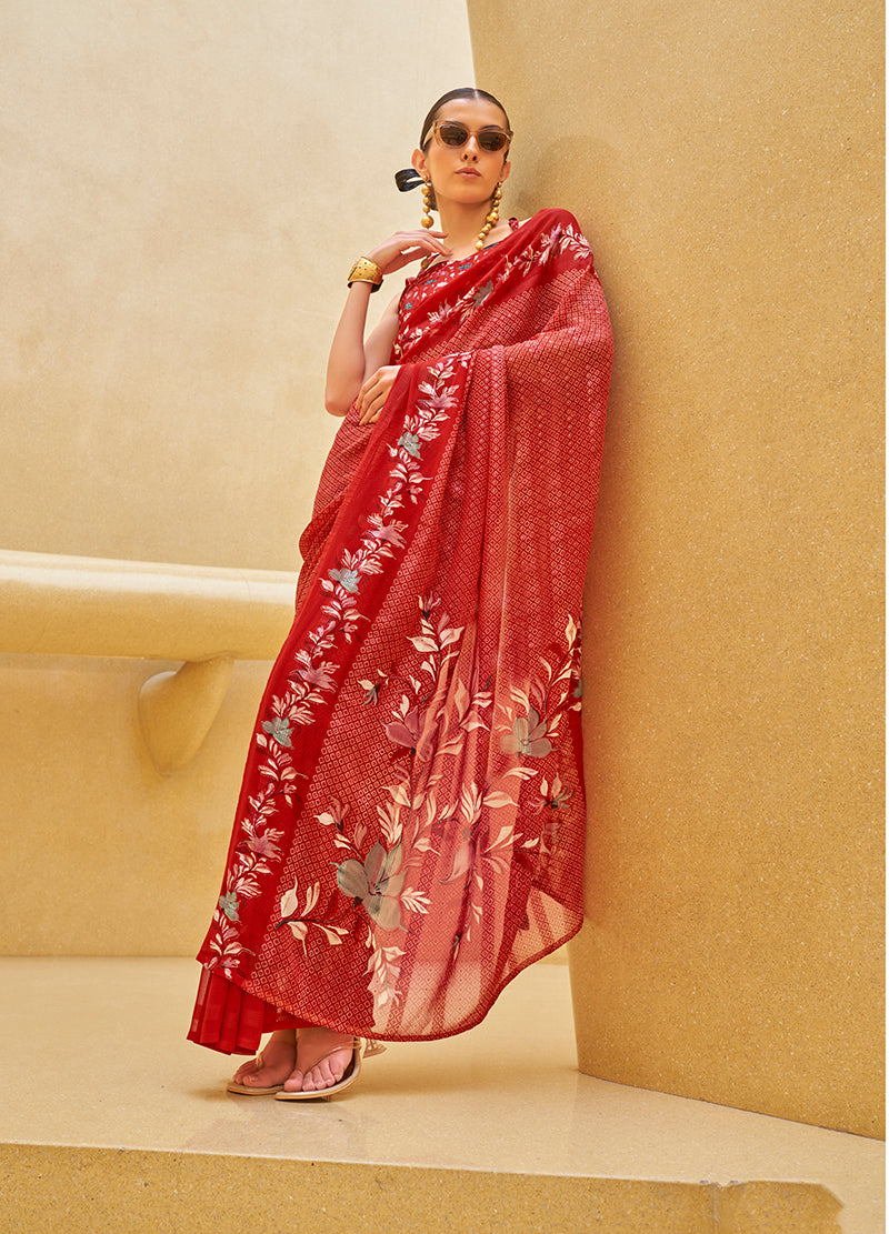 Red Georgette Printed Saree