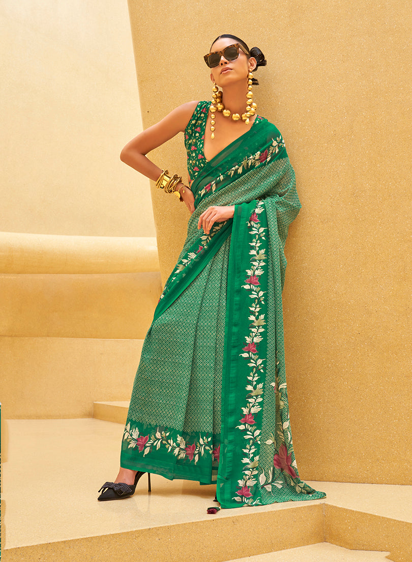 Green Georgette Printed Saree