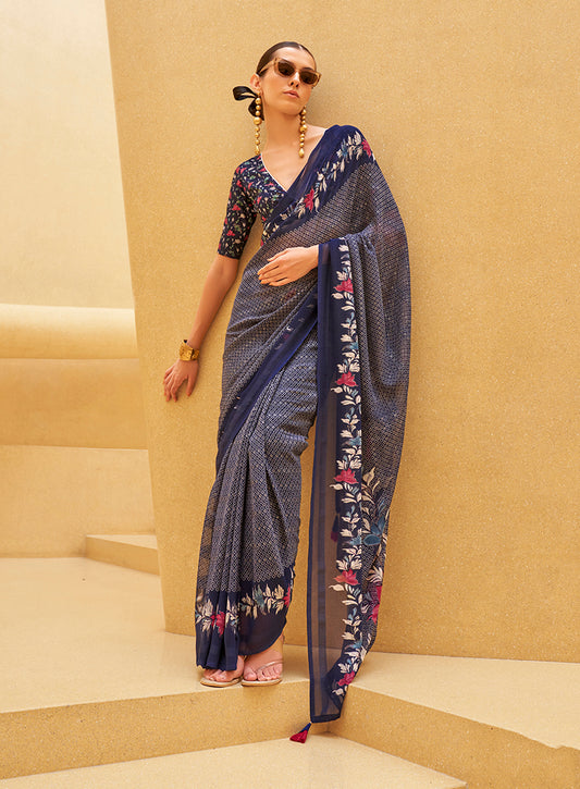 Navy Blue Georgette Printed Saree