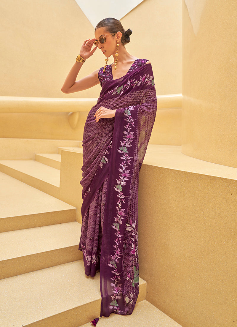 Dark Purple Georgette Printed Saree