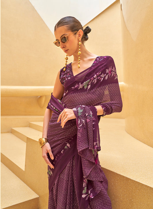 Dark Purple Georgette Printed Saree
