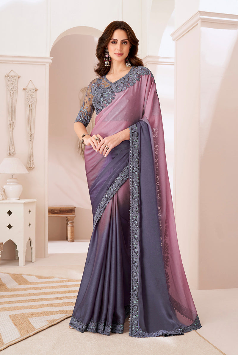 Dark Purple & Pink Chiffon Embroidered Sequins Saree
