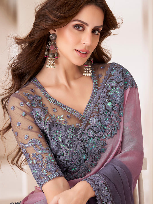 Dark Purple & Pink Chiffon Embroidered Sequins Saree