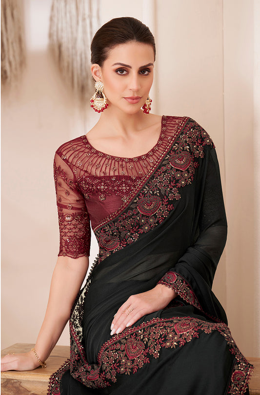 Black Chiffon Thread Embroidered Work Saree
