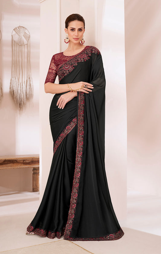 Black Chiffon Thread Embroidered Work Saree