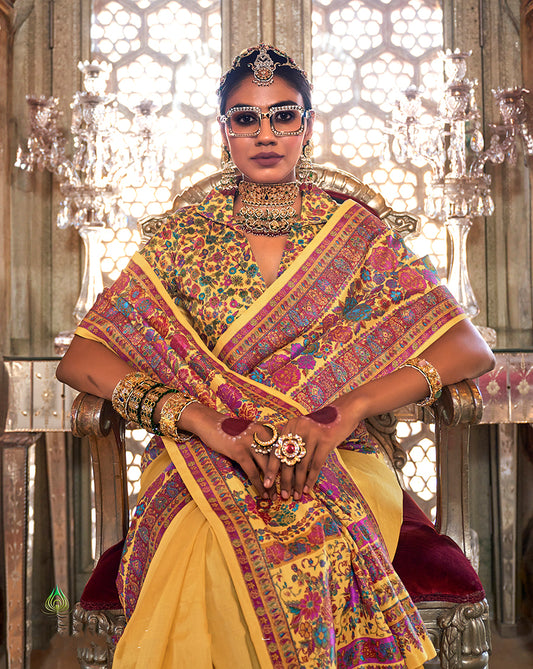Yellow Silk Paisley Print Work Saree