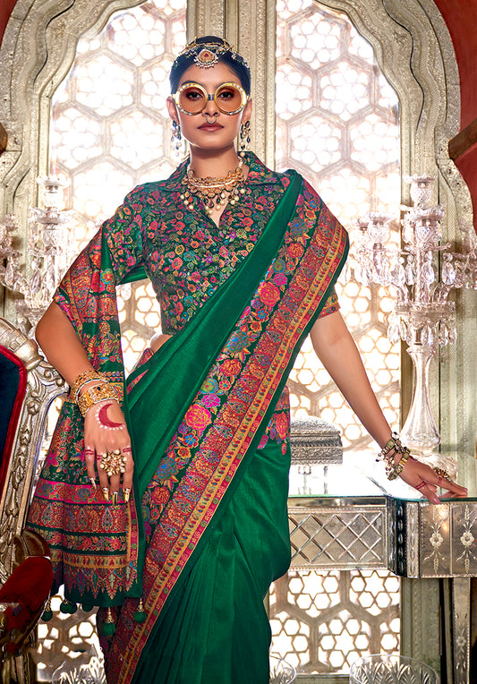 Dark Green Silk Paisley Print Work Saree