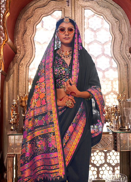 Black Silk Paisley Print Work Saree