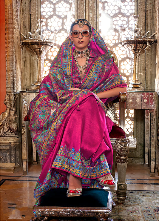 Hot Pink Silk Paisley Print Work Saree
