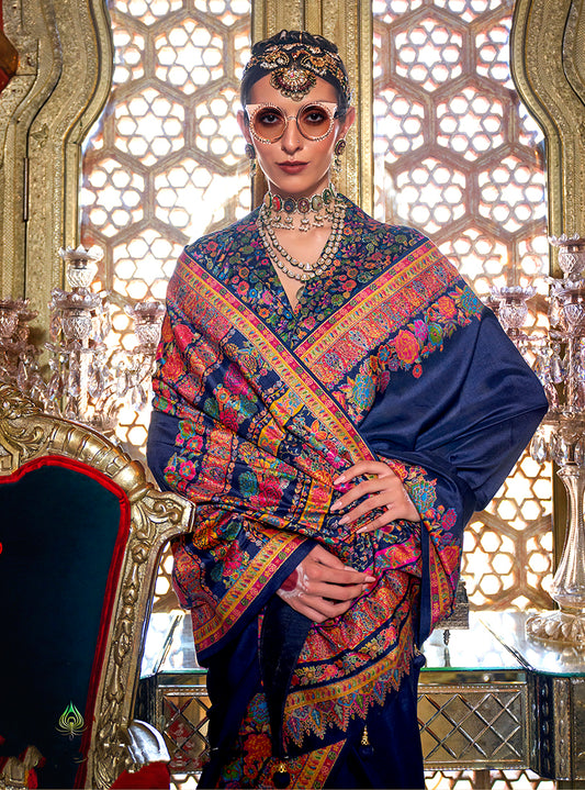 Navy Blue Silk Paisley Print Work Saree