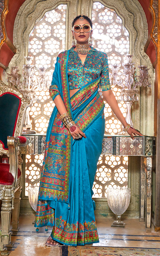 Light Blue Silk Paisley Print Work Saree