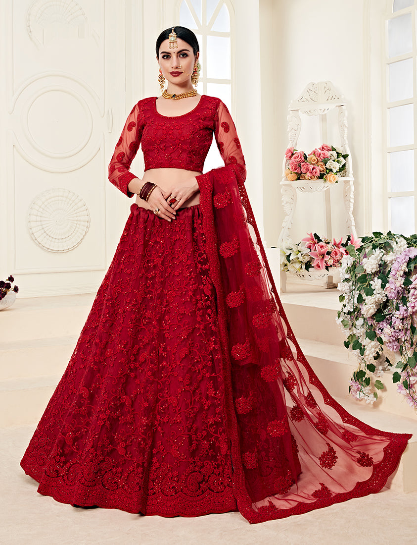 Red Colour Net Embroidery Work Bridal Lehenga Choli