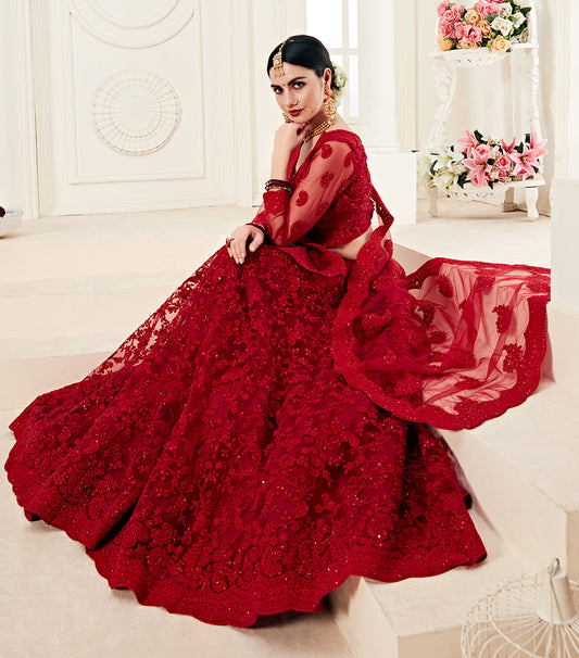 Red Colour Net Embroidery Work Bridal Lehenga Choli