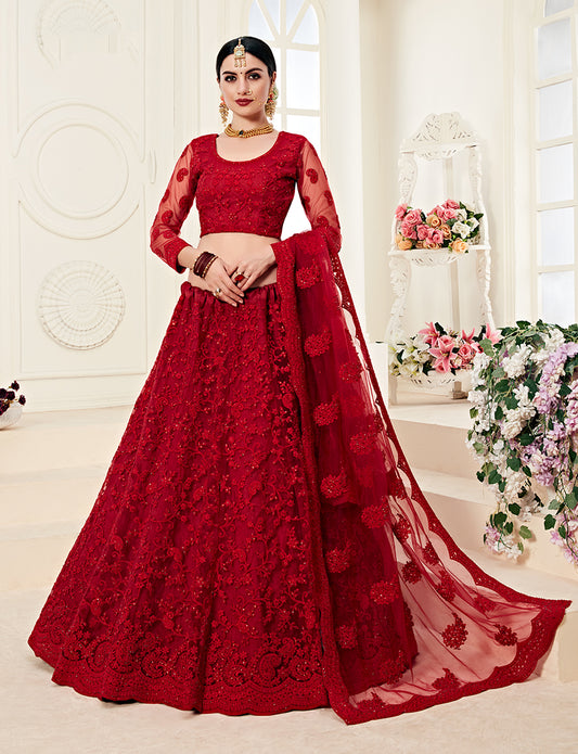 Red Colour Net Embroidery Work Bridal Lehenga Choli